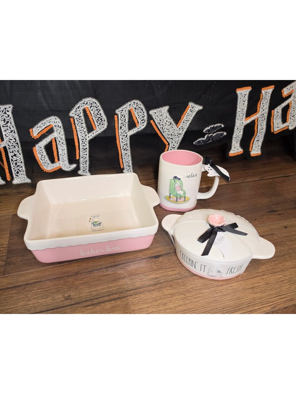 Rae dunn 2 piece Halloween pink set